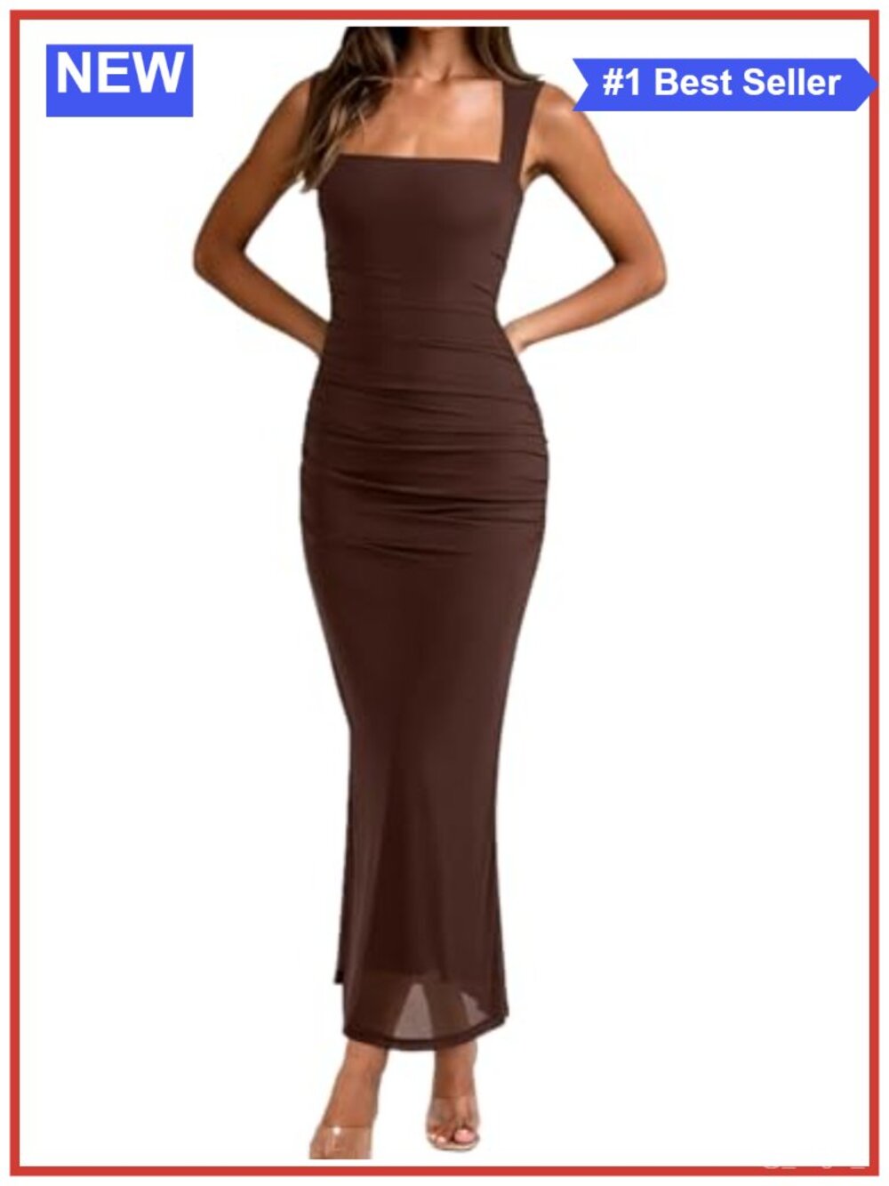 Sleeveless Bodycon Ruched Maxi Mesh Dress Square Neck Formal Party